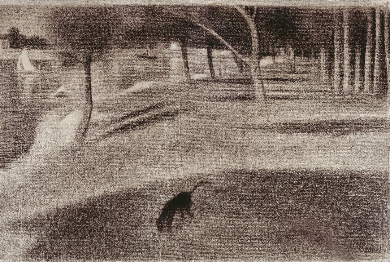 Tutkimus sunnuntai-iltapäivälle La Grande Jatten saarella, n. 1884 (conte värikynä paperilla) tekijältä Georges Seurat
