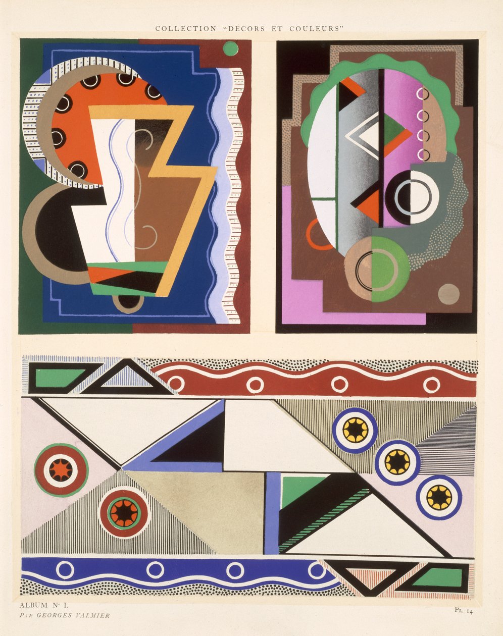 Abstraktit kuviot julkaisusta "Decorations and Colours", julkaistu 1930 tekijältä Georges Valmier