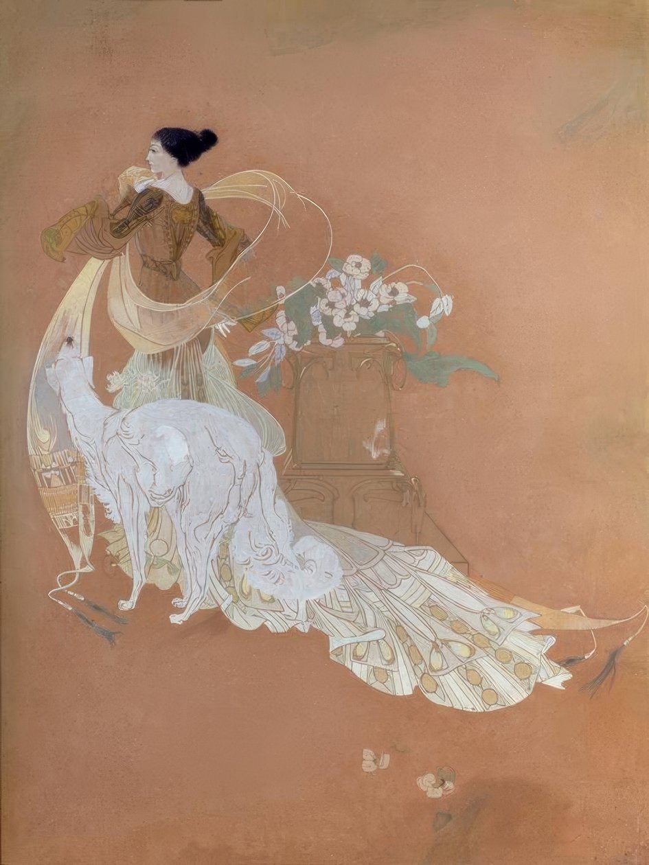 Georges de Feure, Elegante Dame mit Barsoi / Gouache tekijältä Georges de Feure