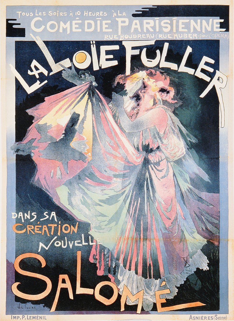 Juliste, joka mainostaa Loie Fulleria "Salomena" Comedie Parisiennessa tekijältä Georges de Feure