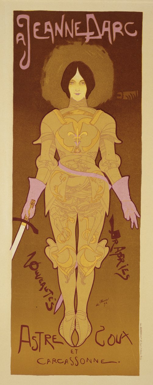 Jäljennös julisteesta, joka mainostaa Joan of Arc -asuja verhokaupassa, Carcassone, 1896 tekijältä Georges de Feure