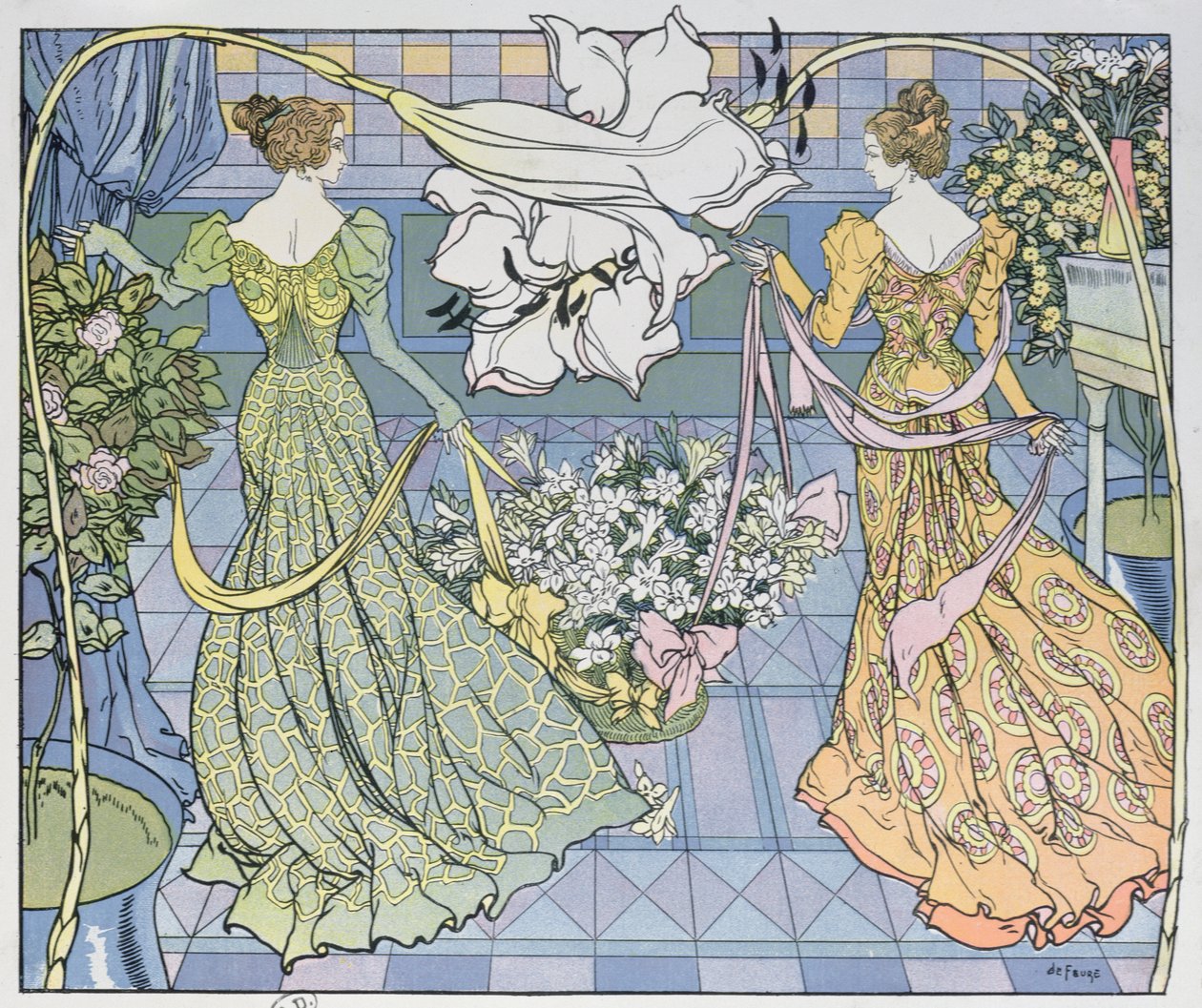 Naiset kukkien ympäröimänä, c. 1900 (värikaiverrus) tekijältä Georges de Feure