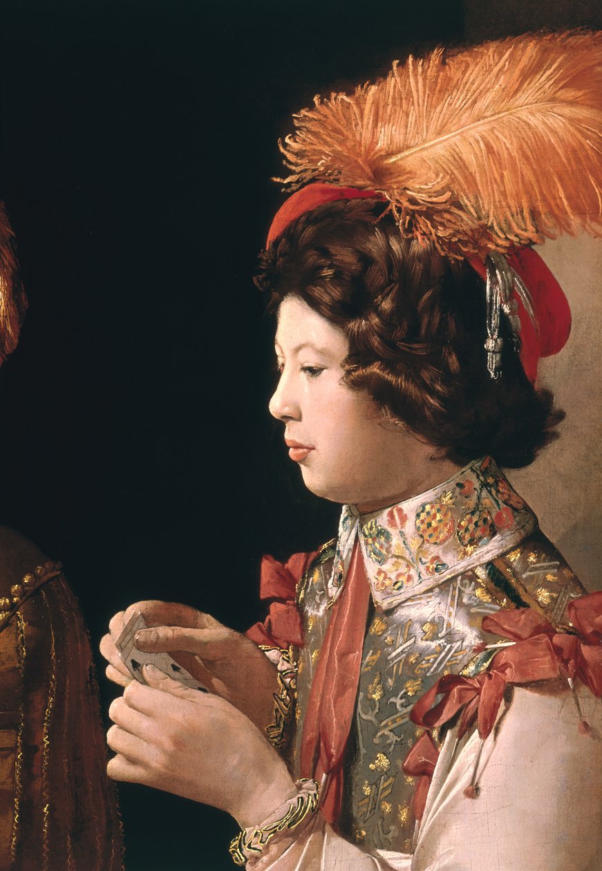 The Cheat with the Ace of Diamonds, yksityiskohta, joka kuvaa miespuolista kortinpelaajaa höyhenhatulla, n. 1635-40 (90053:n yksityiskohta) tekijältä Georges de La Tour