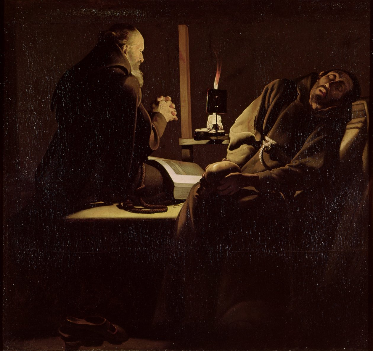 Pyhän Fransiskuksen ekstaasi, Munkki rukoilemassa kuolevan munkin kanssa, 1640-45. tekijältä Georges de La Tour