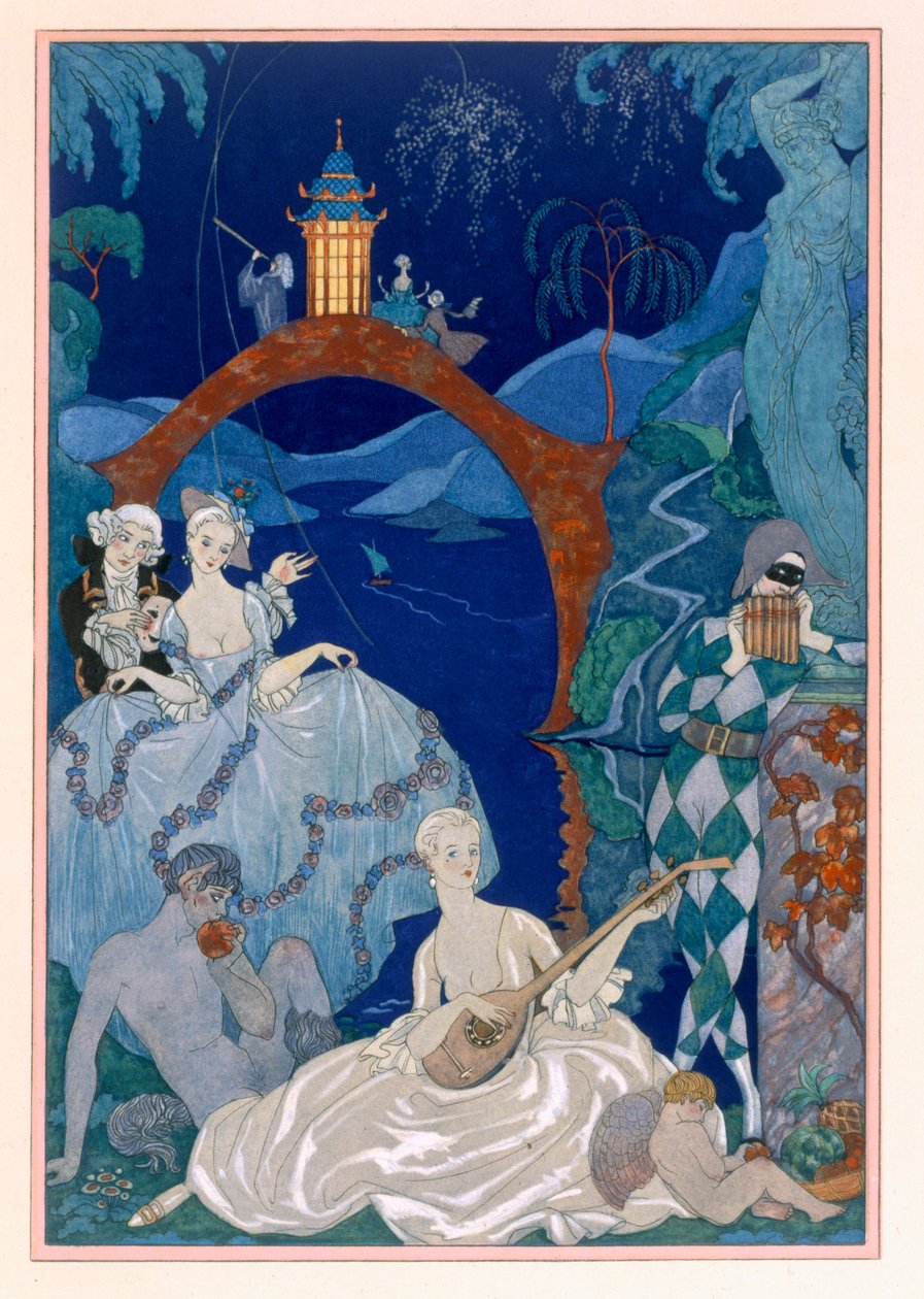 Ball Under the Blue Moon, kuvitus Paul Verlainen (1844-96) "Fetes Galantes" -kirjaan, julkaistu 1928 (pokuoropainos) tekijältä Georges (after) Barbier