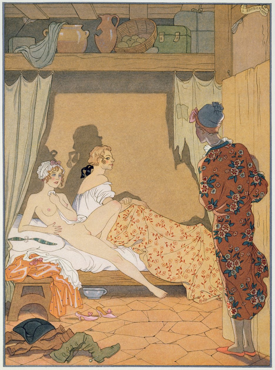 Makuuhuonekohtaus, kuvitus Pierre Choderlos de Laclosin (1741-1803) Les Liaisons Dangereuses -teoksesta, julkaistu 1920-luvulla (pochoor print) tekijältä Georges (after) Barbier