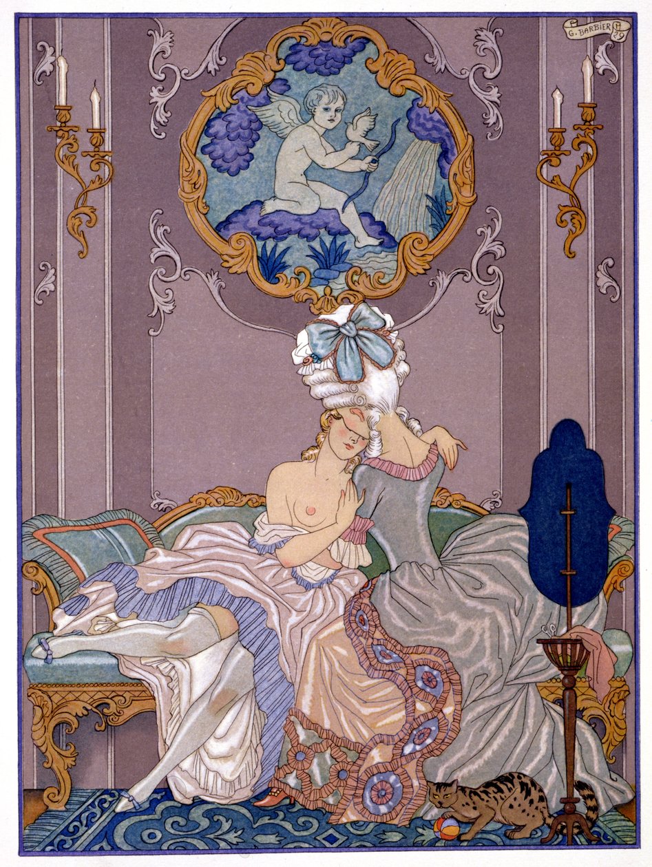 Makuuhuonekohtaus Pierre Choderlos de Laclosin (1741-1803) Les Liaisons Dangereuses -teoksesta, julkaistu 1920-luvulla (pochoor print) tekijältä Georges (after) Barbier