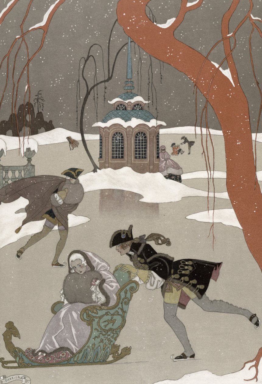 Ice Skating on the Frozen Lake, kuvitus Paul Verlainen (1844-96) "Fetes Galantes" -sarjaan, julkaistu 1928 (pochoor print) tekijältä Georges (after) Barbier