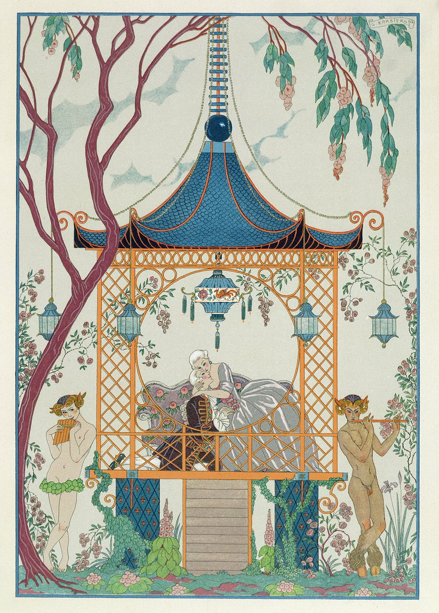 Kuvitus Paul Verlainen (1844-96) Fetes Galantesille, julkaistu 1928 (stensiilipainatus) tekijältä Georges (after) Barbier