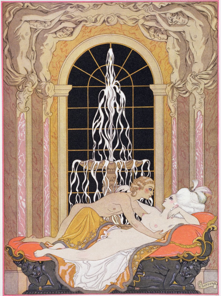 Kuvitus Pierre Choderlos de Laclosin (1741-1803) "Les Liaisons Dangereuses" -julkaisusta, julkaistu 1929 (stensiiliprintti) tekijältä Georges (after) Barbier