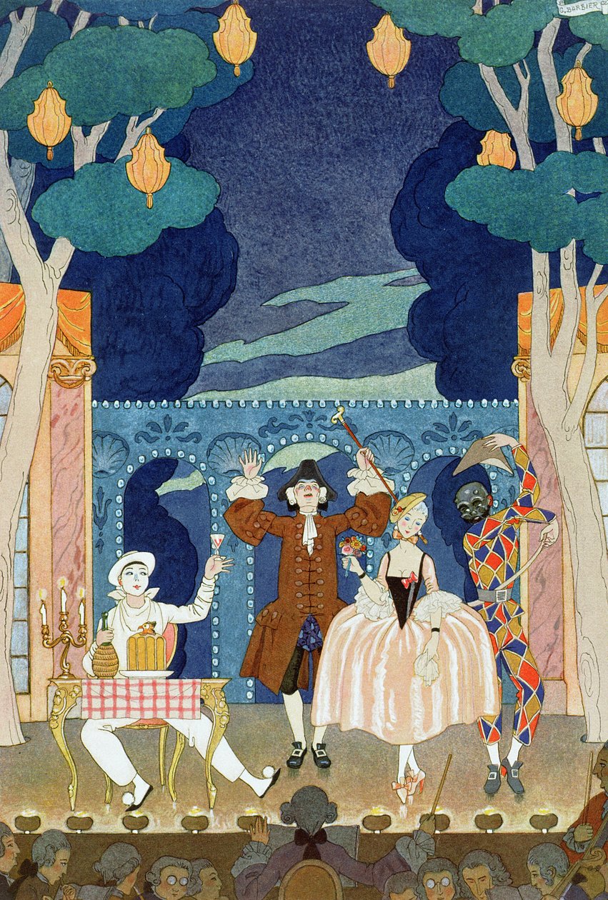 Pantomiimilava, kuvitus Paul Verlainen (1844-96) Fetes Galantesille 1924 (stensiiliprintti) tekijältä Georges (after) Barbier