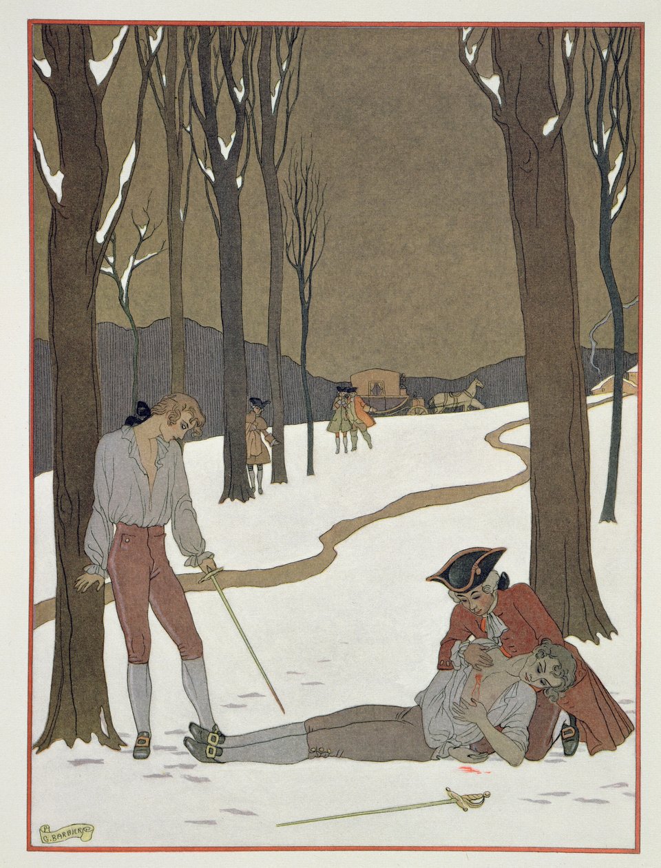 Valmontin ja Dancenyn kaksintaistelu, kuvitus Pierre Chodlerlos de Laclosin (1741-1803) "Les Liaisons Dangereuses" -teoksesta, julkaistu 1920-luvulla (pochoor print) tekijältä Georges (after) Barbier