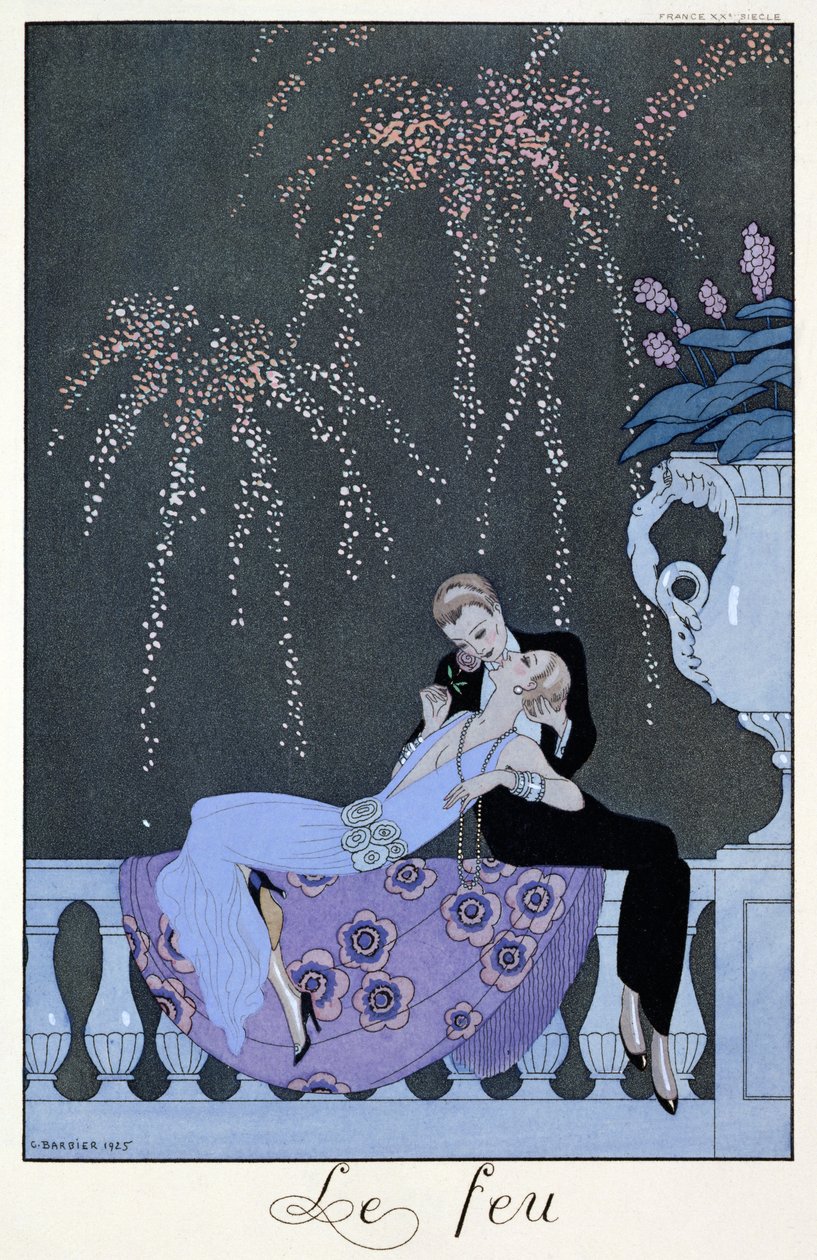 The Fire, kuvitus Paul Verlainen (1844-96) Fetes Galantesille 1924 (stensiiliprintti) tekijältä Georges (after) Barbier