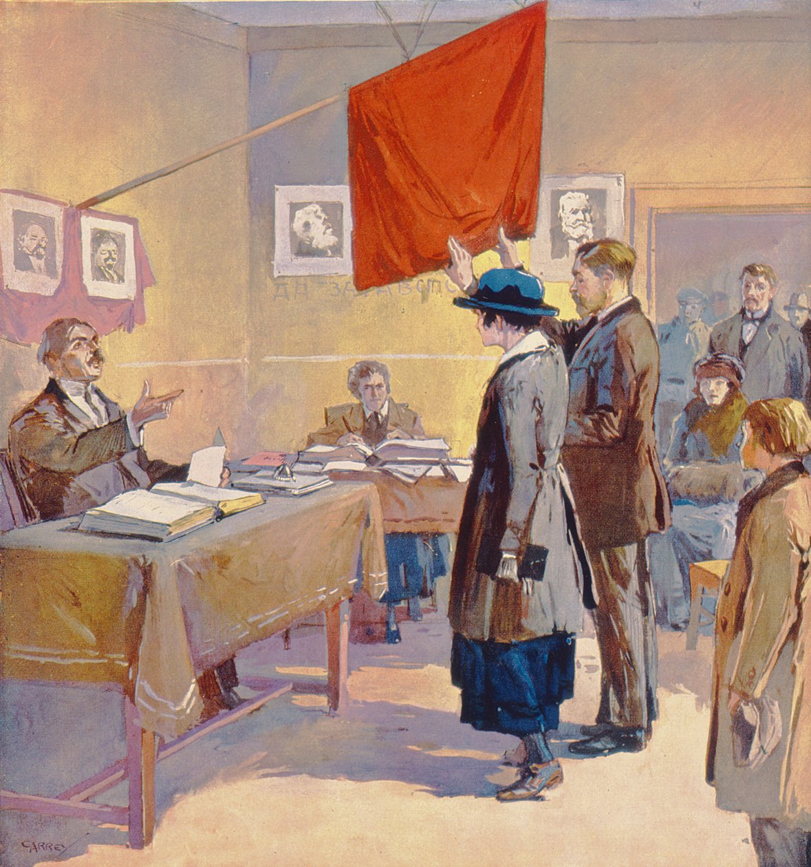 Siviilivihkiminen Venäjällä vallankumouksen aikaan, n. 1923 (värilitografia). tekijältä Georges (after) Carrey