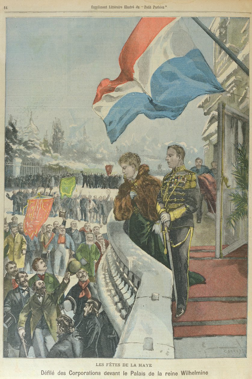 Korporaatioiden kulkue Haagissa Alankomaiden kuningatar Wilhelmiinan ja Mecklenburgin herttuan Henrikin avioliittoa juhlistettaessa, helmikuu 1901 (värilitografia). tekijältä Georges (after) Carrey