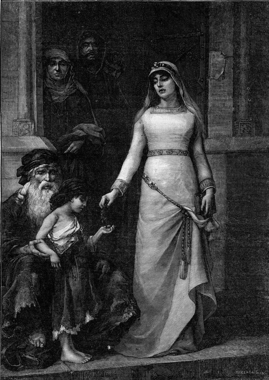 Blanche de Castille, Ranskan kuningatar (1188 - 1252), lempinimeltään Köyhien rakkaus” (1879). Kaiverrus Georges Moreau de Toursin (1848-1901) maalauksen jälkeen teoksessa "The Illustrous World" nro 1267, 9. heinäkuuta tekijältä Georges (after) Moreau de Tours