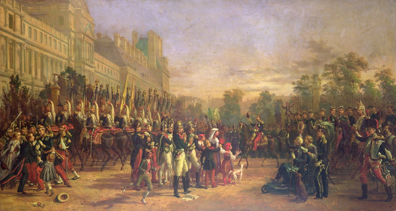 Saapuminen Napoleon III:n ja hänen Italiasta palaavien joukkojensa Tuileriesiin elokuussa 1859 (öljy kankaalle) tekijältä Georges Achille de Magrath