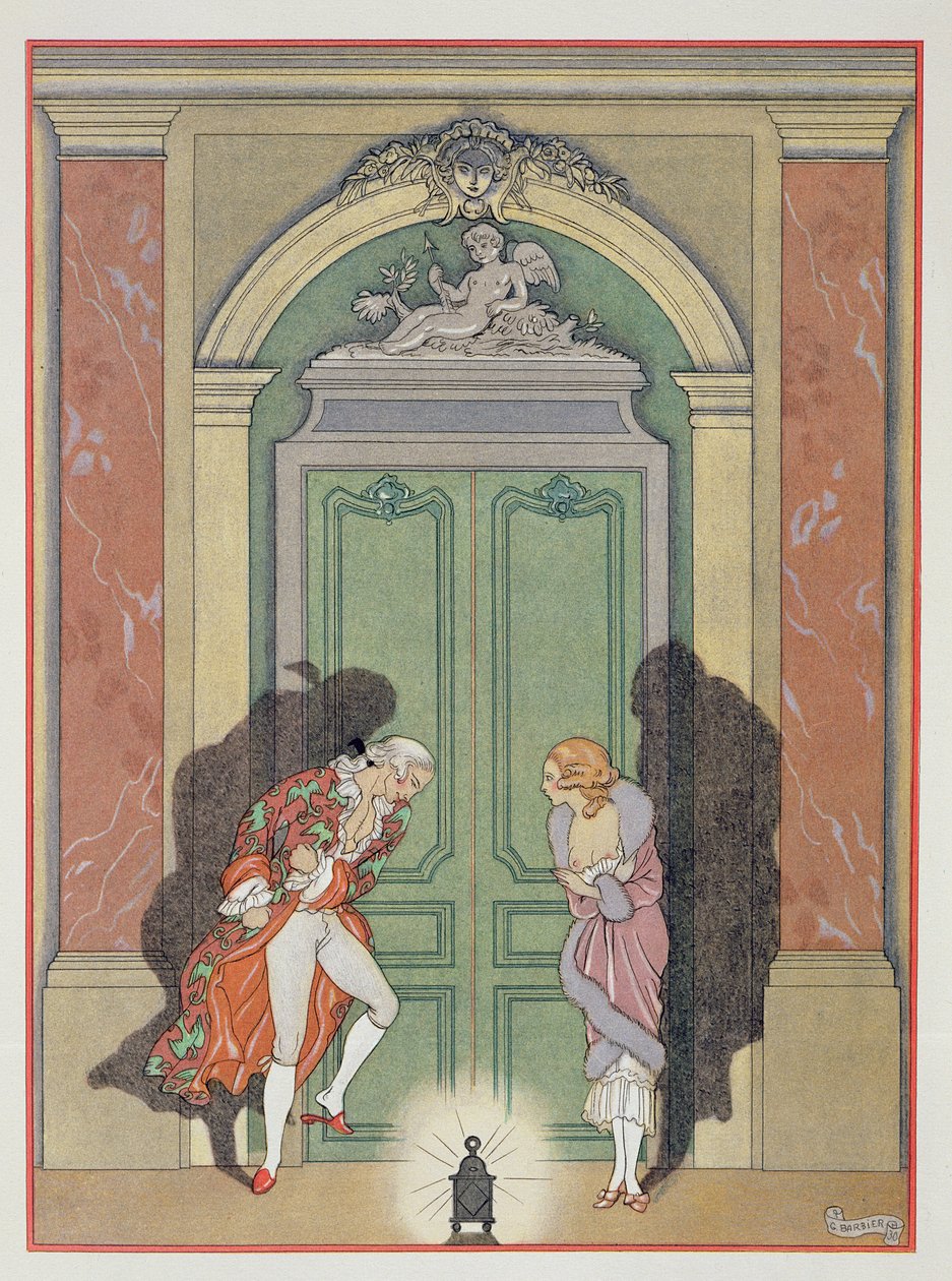 Pariskunta kynttilänvalossa, kuvitus Pierre Chodlerlos de Laclosin (1741-1803) Les Liaisons Dangereuses -teoksesta, julkaistu 1920-luvulla (pochoor print) tekijältä Georges Barbier