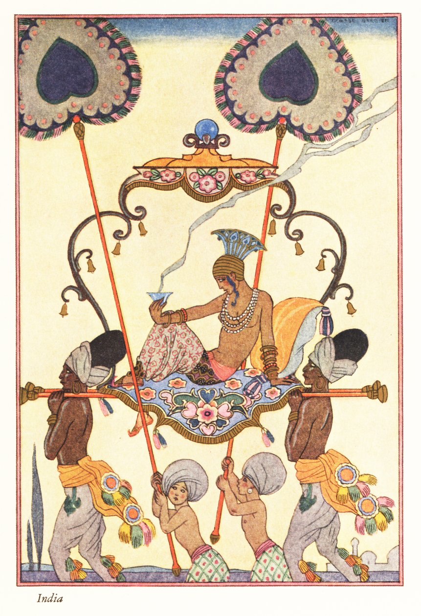 Jalo nainen polttaa suitsukkeita palankiinissa, muinainen Intia 1928 (tulostus) tekijältä Georges Barbier