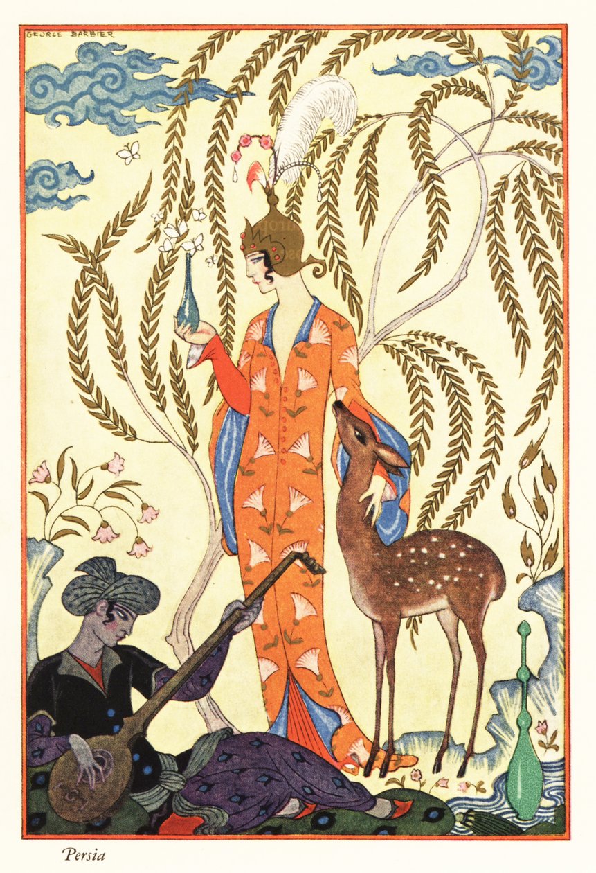 Naisella on hajuvesipullo, muinainen Persia tekijältä Georges Barbier