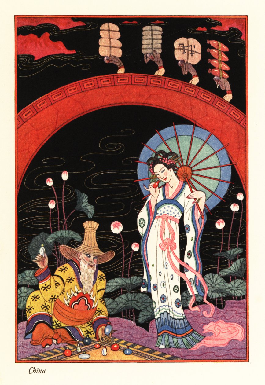 Nuori nainen lakatulla päivänvarjolla hajuvesipullon tuoksuessa tekijältä Georges Barbier