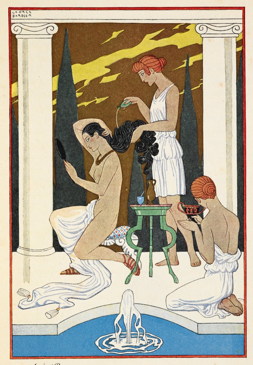aRoma antiga. Un personatge que se li renta els cabells pels criats.finlandès tekijältä Georges Barbier
