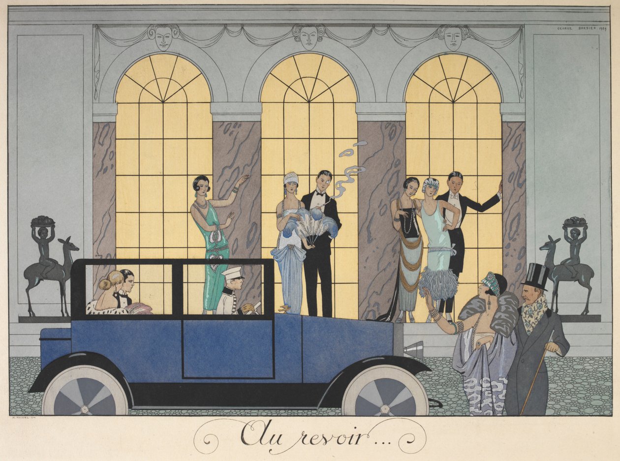 Näkemiin. Ihmiset lähtevät autolla. Ihmisiä iltapuvussa. tekijältä Georges Barbier