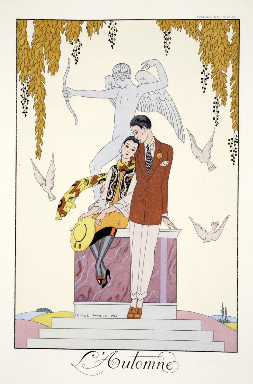 Syksy, teoksesta "Falbalas and Fanfreluches, Almanac of Present, Past and Future Modes" tekijältä Georges Barbier