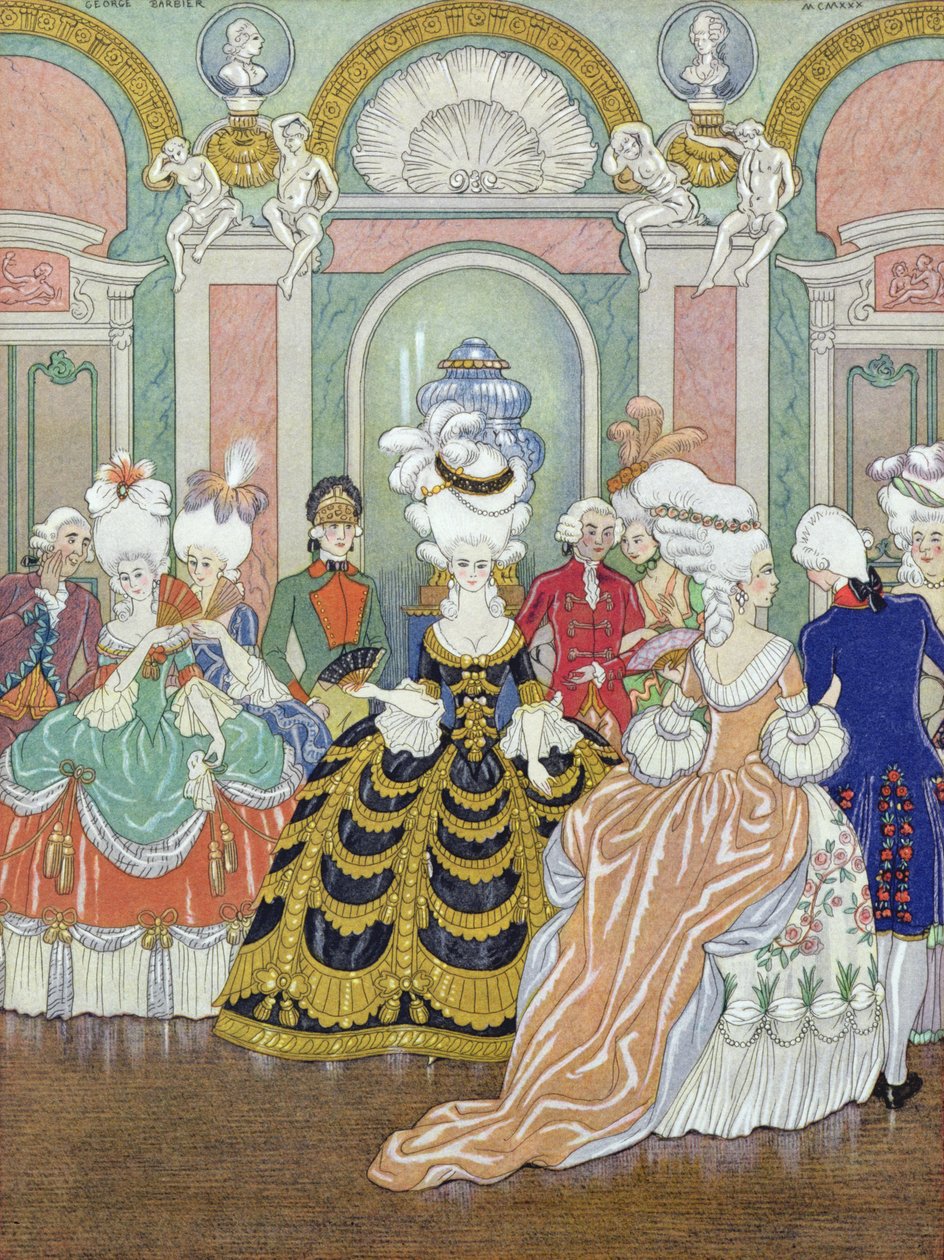 Ballroom Scene, kuvitus Pierre Choderlos de Laclosin (1741-1803) Les Liaisons Dangereuses -teoksesta 1930 (stensiiliprintti) tekijältä Georges Barbier