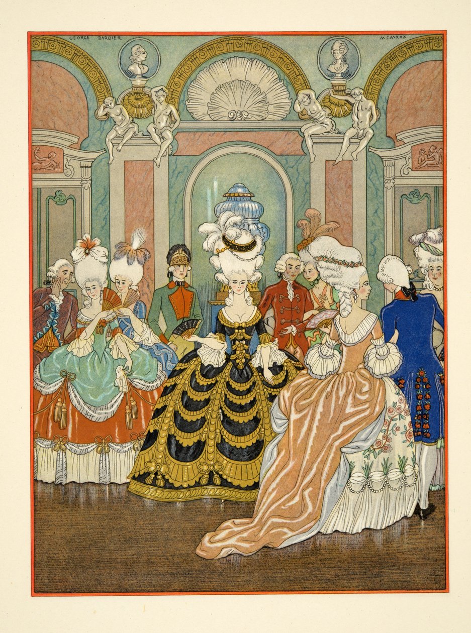 Ballroom Scene, kuvitus Pierre Choderlos de Laclosin (1741-1803) Les Liaisons Dangereuses -teoksesta 1934 (stensiiliprintti) tekijältä Georges Barbier