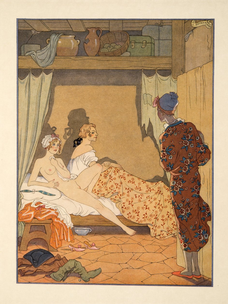 Makuuhuonekohtaus, kuvitus Pierre Choderlos de Laclosin (1741-1803) pubista "Les Liaisons Dangereuses". 1934 (stensiiliprintti) tekijältä Georges Barbier