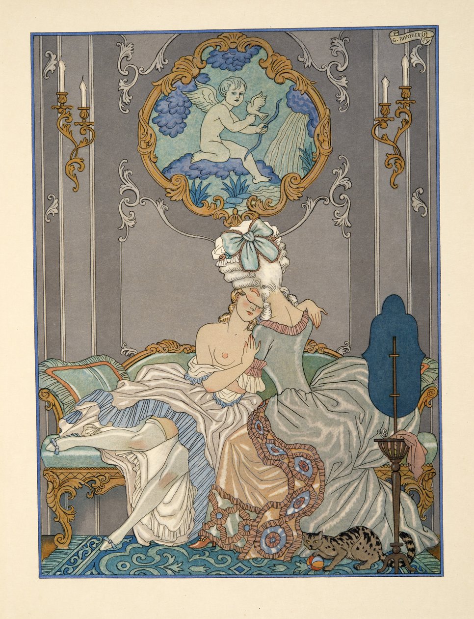 Makuuhuonekohtaus Pierre Choderlos de Laclosin (1741-1803) pubista "Les Liaisons Dangereuses". 1934 (stensiiliprintti) tekijältä Georges Barbier