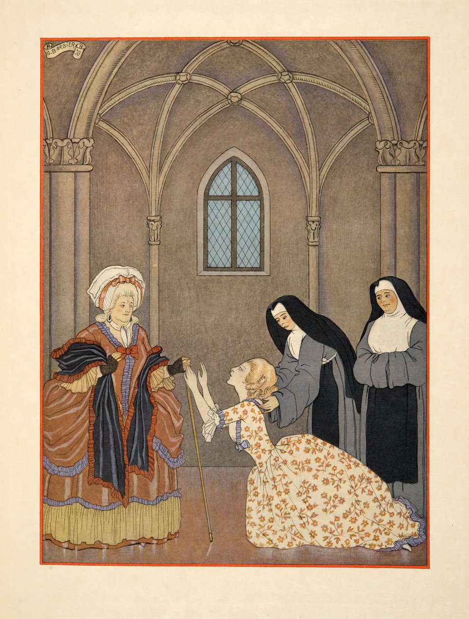 Cecile palasi luostariin, kuvitus Pierre Choderlos de Laclosin (1741-1803) pubista "Les Liaisons Dangereuses". 1934 (stensiiliprintti) tekijältä Georges Barbier