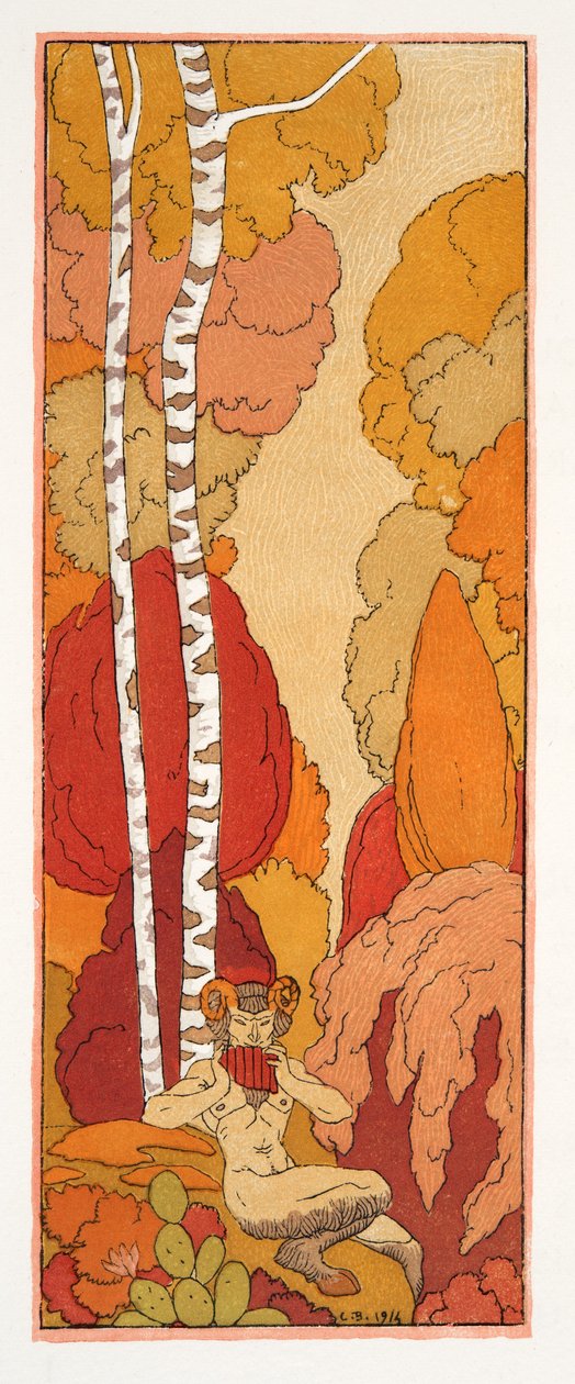 Pastoraalilaulu, kuvitus Les Chansons de Bilitisistä, Pierre Louys, pubi. 1922 (stensiiliprintti) tekijältä Georges Barbier