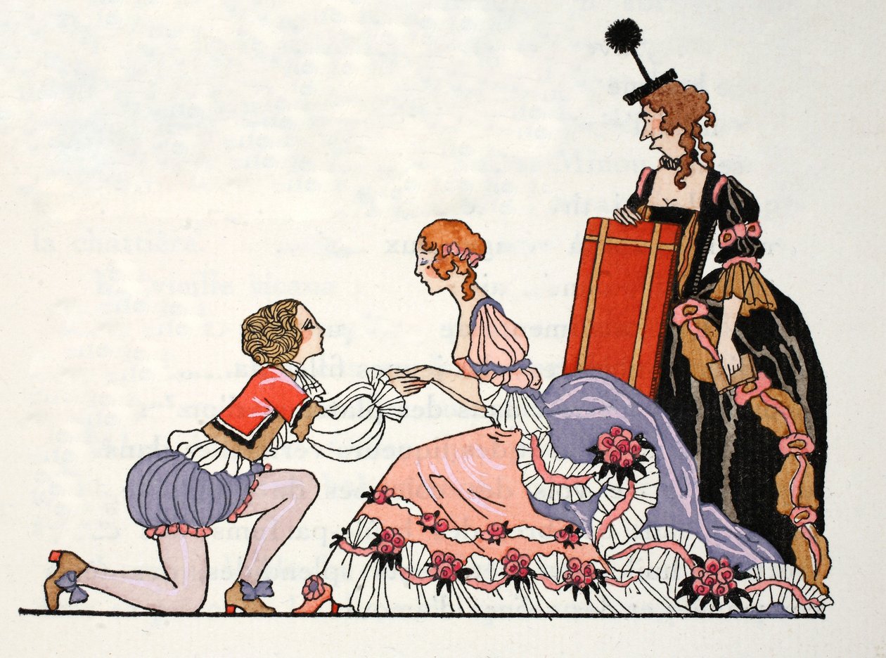 Tuhkimo ja Prinssi Charming, hänen äitipuolensa katselee (pochoir print) tekijältä Georges Barbier