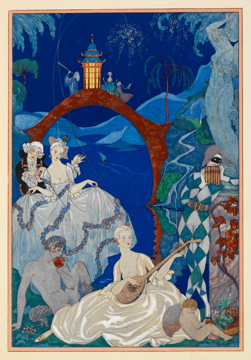 Claire de Lune. Kaunis nainen soittaa mandoliinia. Faun istuu hänen vieressään. Harlekiini. Kaikki maisemassa. tekijältä Georges Barbier