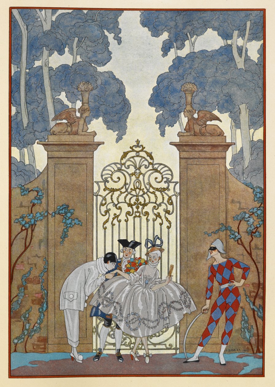 Colombiini. Ihmisiä seisoo portin ulkopuolella. Pierrot. tekijältä Georges Barbier