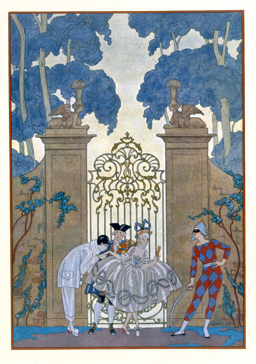 Columbine, kuvitus Paul Verlainen (1844-96) Fetes Galantesille 1928 (stencilprint) tekijältä Georges Barbier