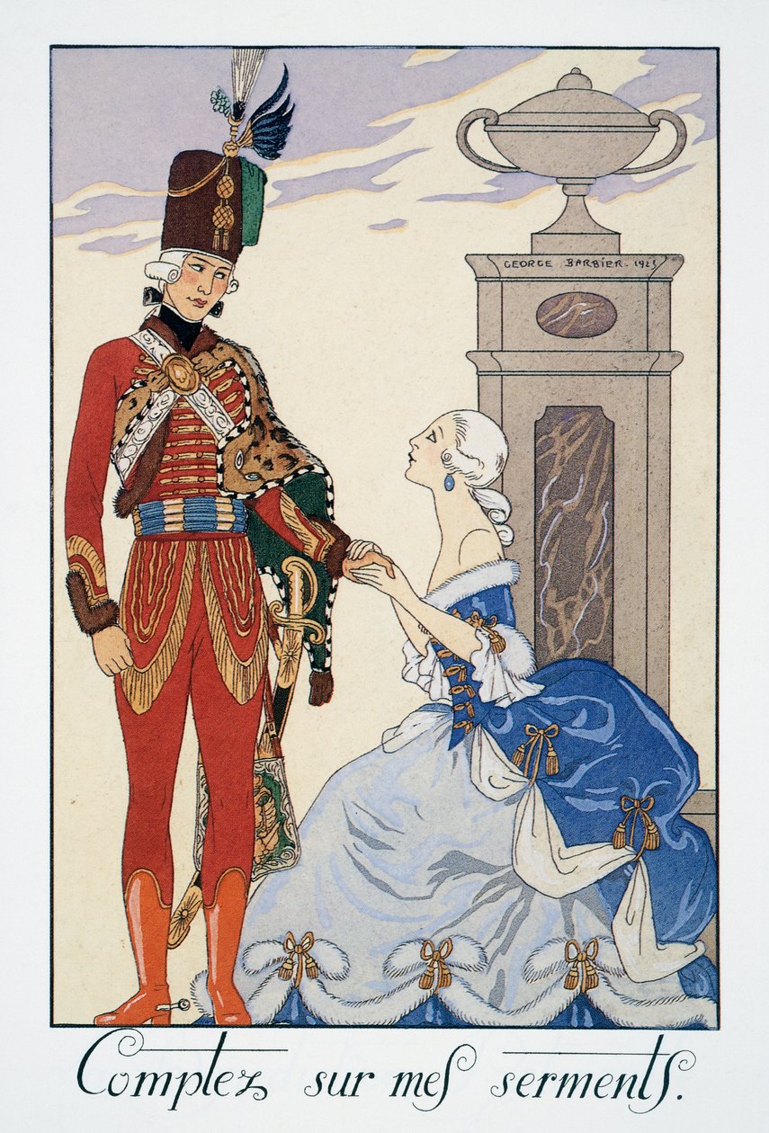 Luota valaani (olen uskollinen sinulle), unkarilainen husaari, George Barbierin (1882-1932) litografia, Falbalas et Fanfreluches, Almanach des Modes Presentes, Passees et Futures tekijältä Georges Barbier