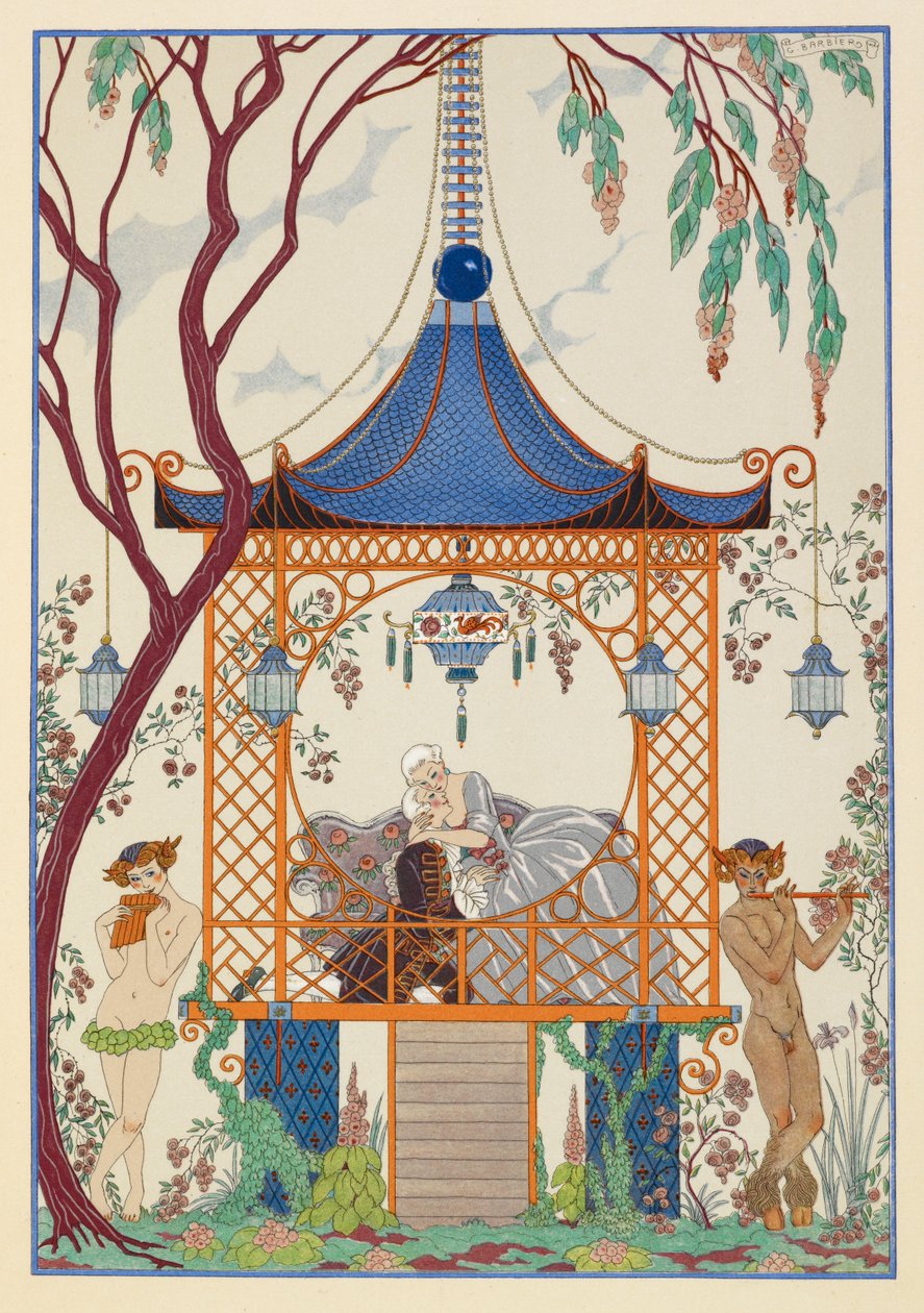 Cythère. Mies ja nainen paviljongissa syleilemässä. Myyttisiä olentoja ulkona soittamassa piippua. tekijältä Georges Barbier