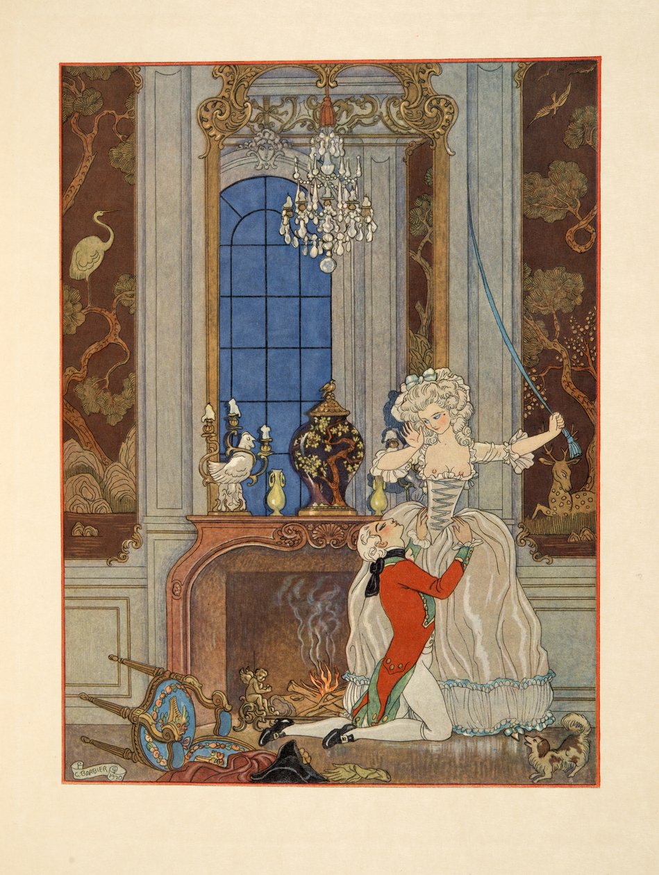Danceny julistamassa rakkauttaan Cecilelle, kuvitus Pierre Choderlos de Laclosin (1741-1803) pubista "Les Liaisons Dangereuses". 1934 (stensiiliprintti) tekijältä Georges Barbier
