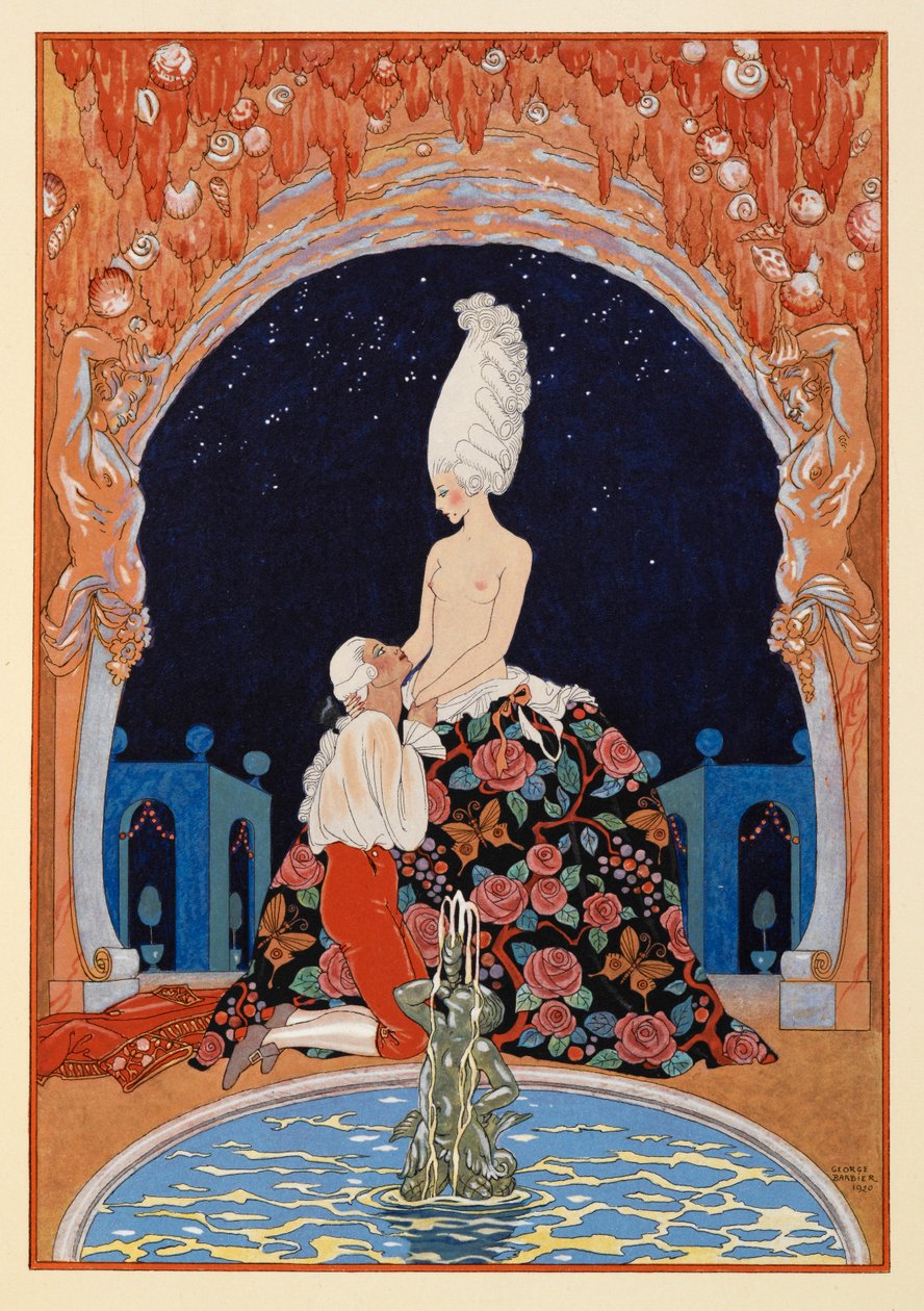 Dans la Grotte. Mies polvistui puolialaston naisen edessä suihkulähteen äärellä. tekijältä Georges Barbier