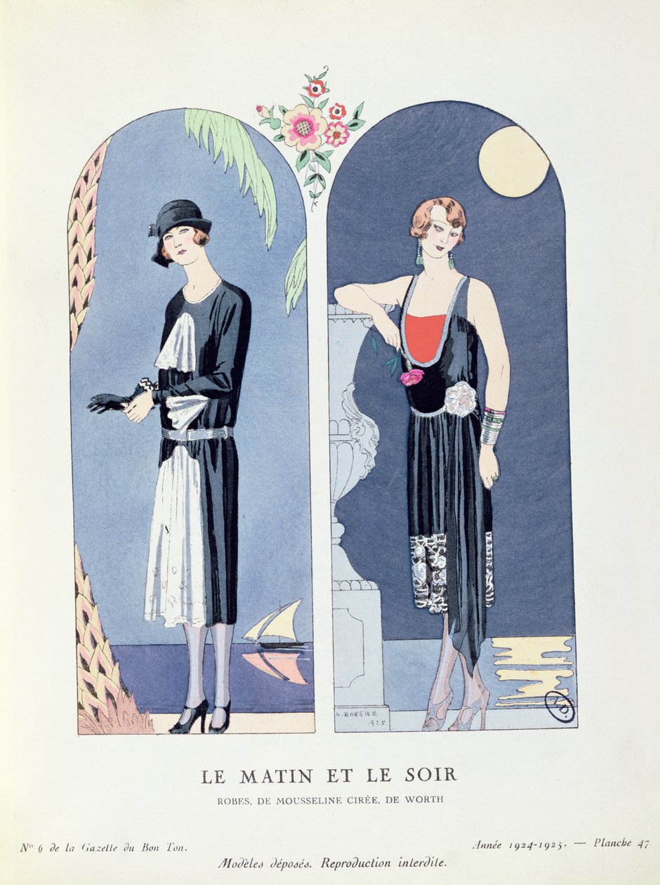 Päivä ja yö, "La Gazette du Bon Ton" -levy 47, joka kuvaa päivä- ja iltapukuja tekijältä Georges Barbier