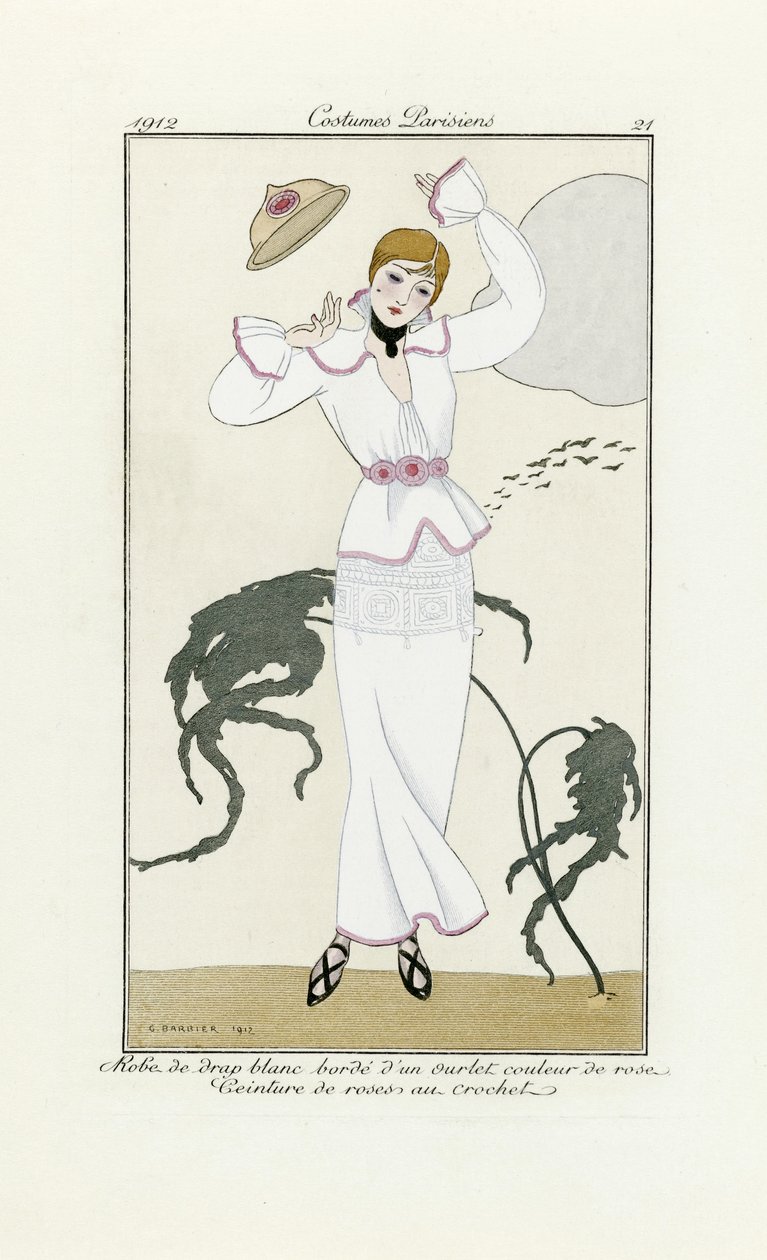 Suunnittelu valkoiselle mekolle, jossa on vaaleanpunainen reunus ja virkattu vyö, Costumes Parisien, pub.1912 (pochoir print) tekijältä Georges Barbier
