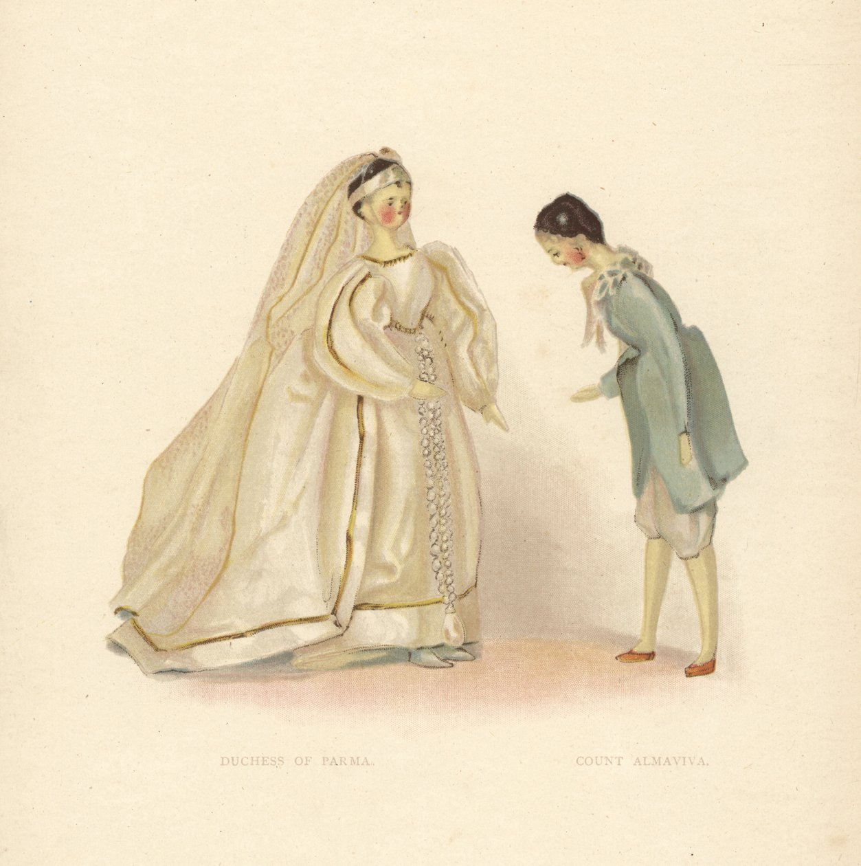 Parman herttuattaren ja kreivi Almavivan nuket, Sevillan parturi, nuoren prinsessa Victorian pukema. Värilevy Alan Wrightin kuvituksen mukaan Frances H. Lowin Queen Victoria