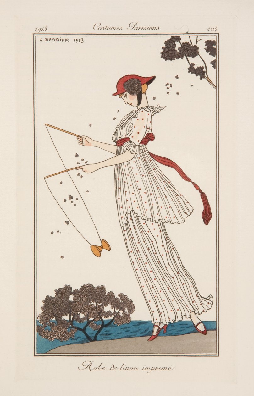 Mekko painettua pellavaa, kuvitus julkaisusta "Journal des Dames et des Modes" tekijältä Georges Barbier