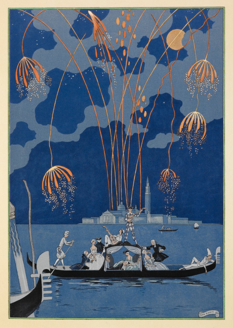 En bateau. Ilotulitus Venetsiassa. Ihmisiä gondolissa. tekijältä Georges Barbier