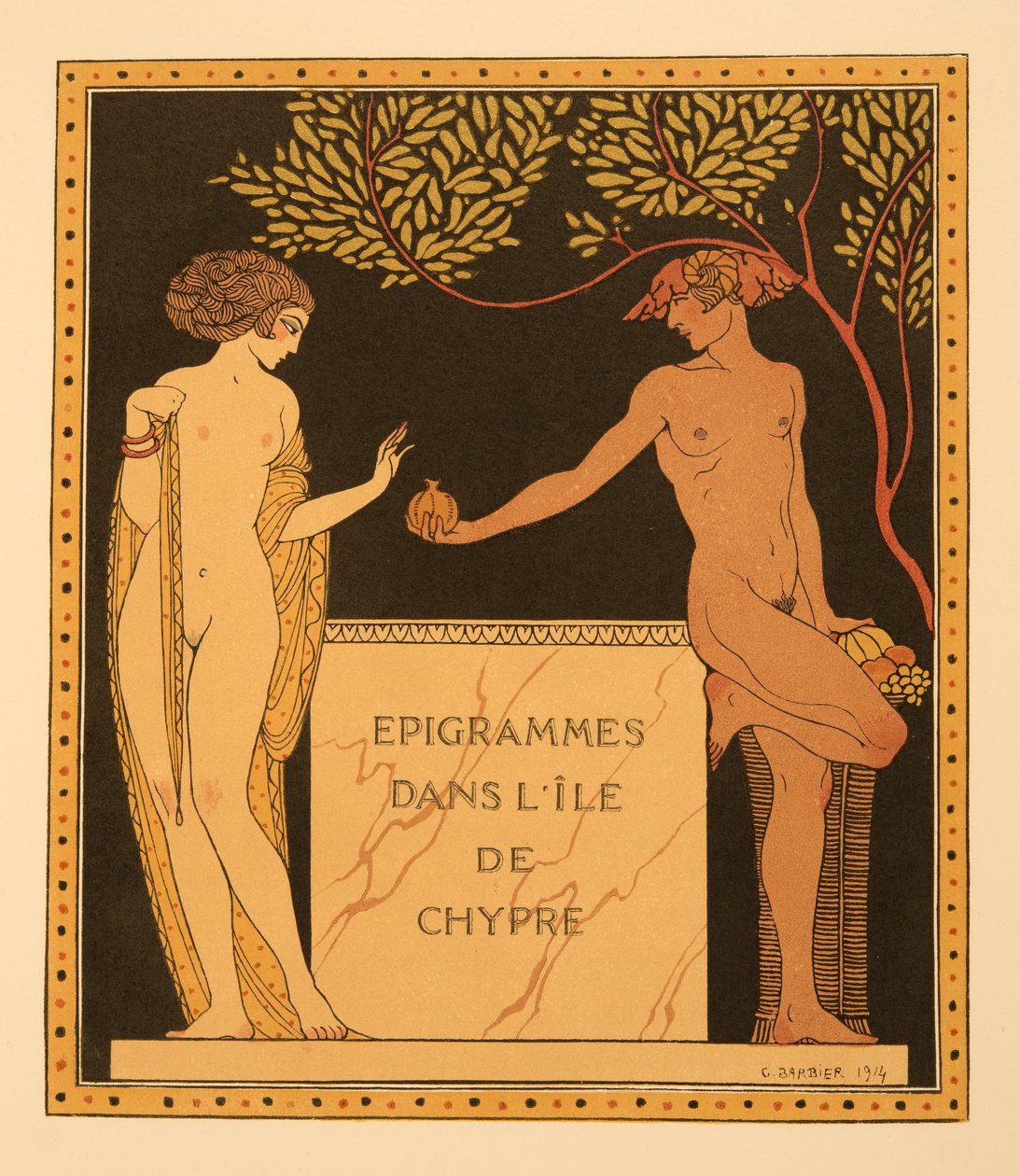 Epigrammit Kyproksen saarella, kuvitus Les Chansons de Bilitisistä, Pierre Louys, pub. 1922 (stensiiliprintti) tekijältä Georges Barbier