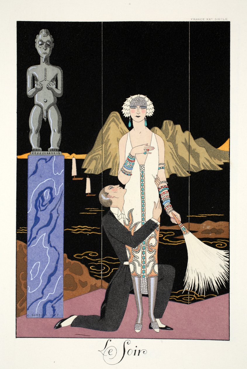 Ilta, teoksesta "Falbalas ja Fanfreluches, nykyajan, menneisyyden ja tulevaisuuden almanakka" tekijältä Georges Barbier