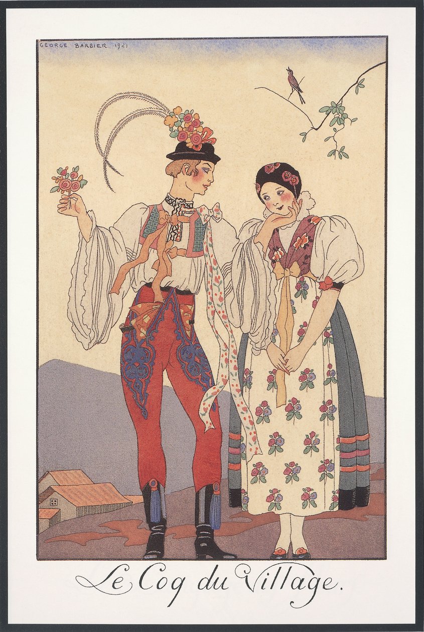Falbalas ja Fanfreluches, Almanakka vuodelle 1922, Le coq du village, George Barbier, print tekijältä Georges Barbier